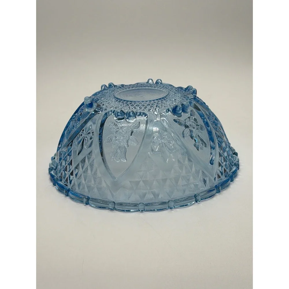 Vintage Light Blue Pressed Glass Footed Floral Diamond Bowl Scalloped Rim 10in